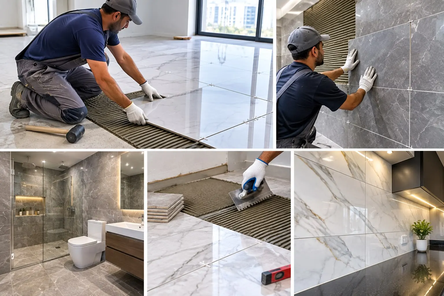Wall and floor tiling work: marble floor tiles, grey wall tiles, bathroom and kitchen finishes